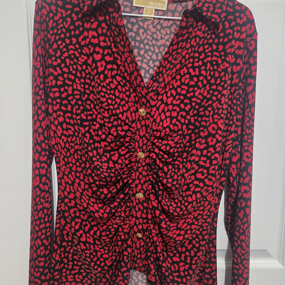 Michael Kors Red and Black Leopard Print Ruched Front Blouse